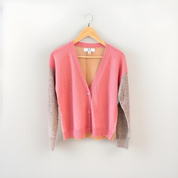 MAGASCHONI Colorblock V-neck Cashmere Cardigan Pink Tan Gray Sweater S LUXE NWOT - Picture 1 of 13